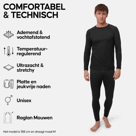 Man in zwarte thermokleding, model is 188 cm en draagt maat M. Tekst "Comfortabel & Technisch".