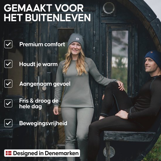 Model draagt een grijze thermobroek en -shirt. De tekst luidt "Gemaakt voor het buitenleven".