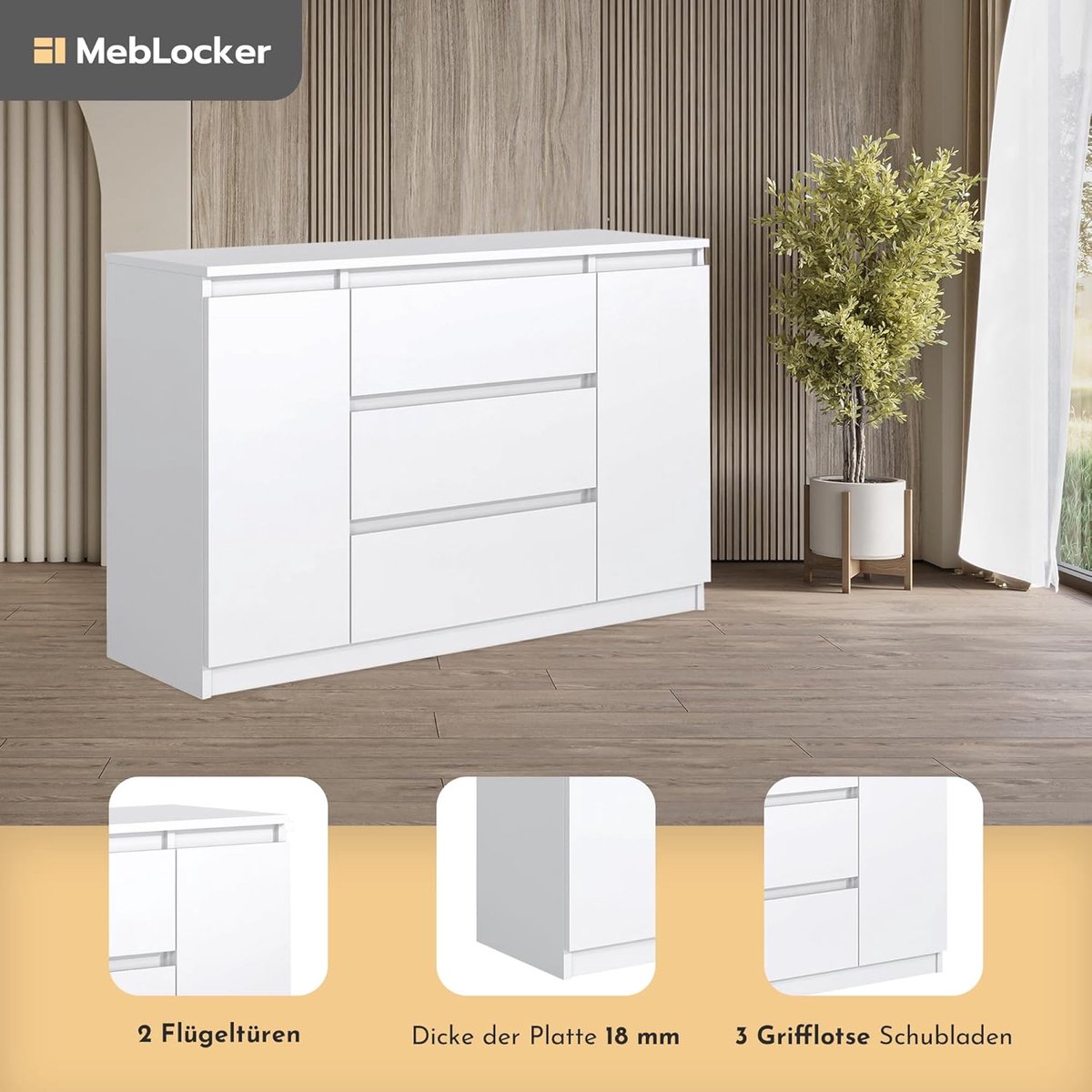 Dressoir Modern 3 Laden & - Wit - 3 Laden & 2 Kastdeuren - Medahomestore