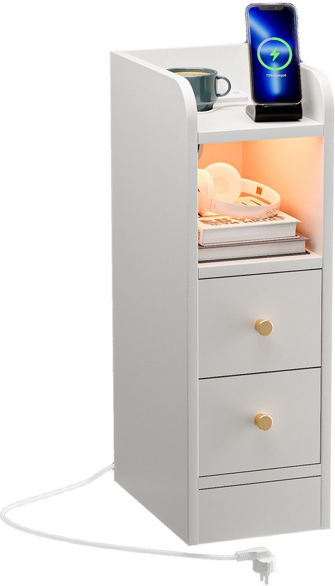 Nachtkastje, grijs, 25 cm/30 cm breed, opbergkast met scheuren in de slaapkamer, met 2 laden en opening aan de zijkant, modern en eenvoudig nachtkastje voor kleine woningen