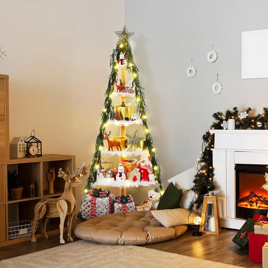 Étagère d'angle en bois de 160 cm en forme de sapin de Noël - Présentoir à 6 niveaux en bois avec échelle pour salon, chambre, bureau - Bibliothèque décorative Witte et rangement intégré - Étagère de présentation pour les fêtes