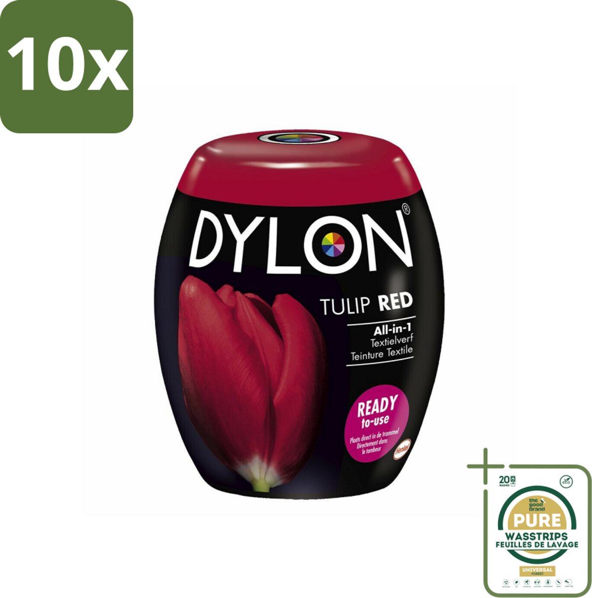 10 x DYLON – Textielverf Pods – Tulip Red – 350 g - Grootverpakking - Textielverf - Wasmachineverf - Kleurtextiel - Tulip Red - Textielverf Pod