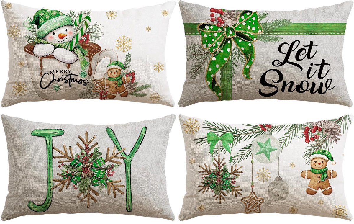 Unyqoos Set van vier feestelijke kussenslopen met kerstmotief voor de woonkamer Sneeuwpop En Peperkoek Man - Groen