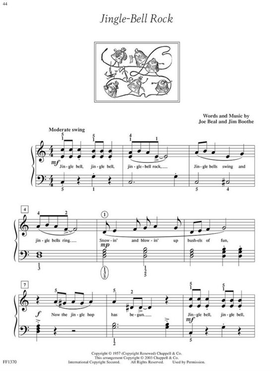 Bladmuziekpagina voor 'Jingle-Bell Rock' uit ADULT PIANO ADVENTURES Christmas, met een illustratie van dansende figuren.