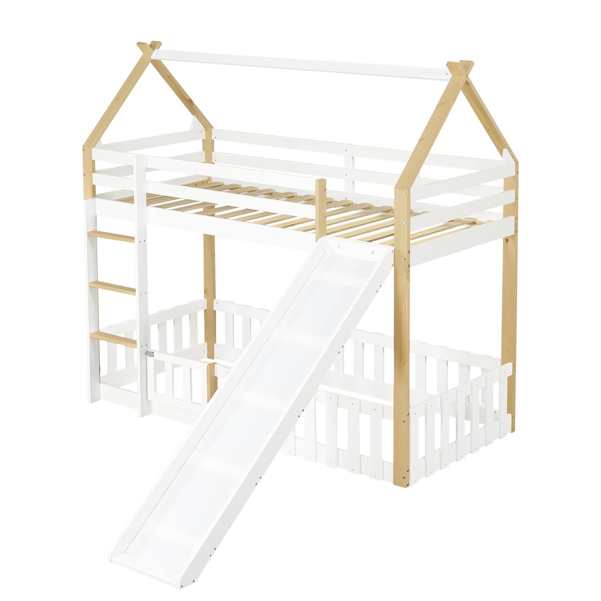 REDOM Huisbed 90x200 cm – Wit/naturel – Met glijbaan & speelruimte – Massief hout – Kindvriendelijk