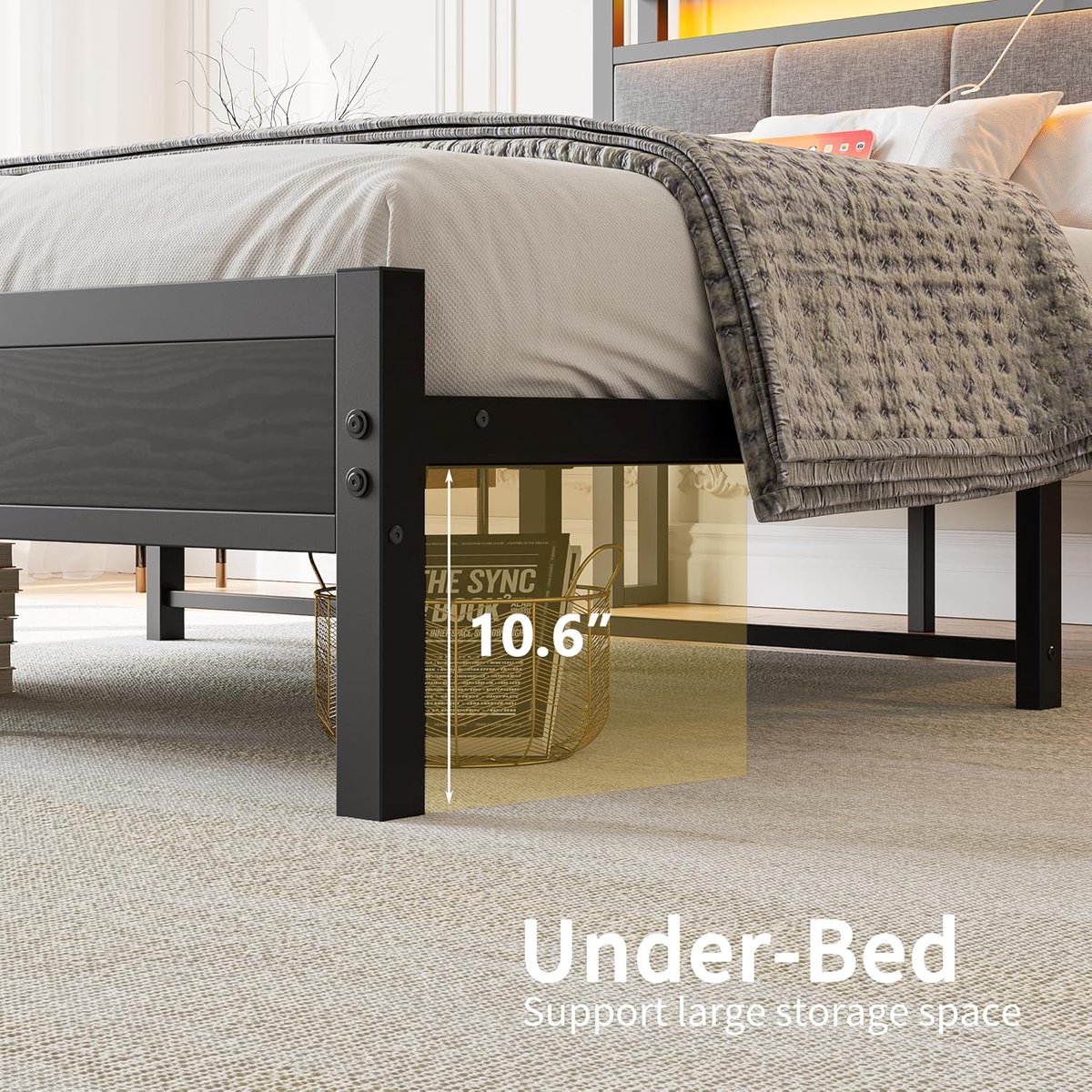 Industrieel Metalen Bedframe 120x200 met - 218x122x103 cm - Zwart - 120x200 Oplaadstation – Robuust Bed - Medahomestore