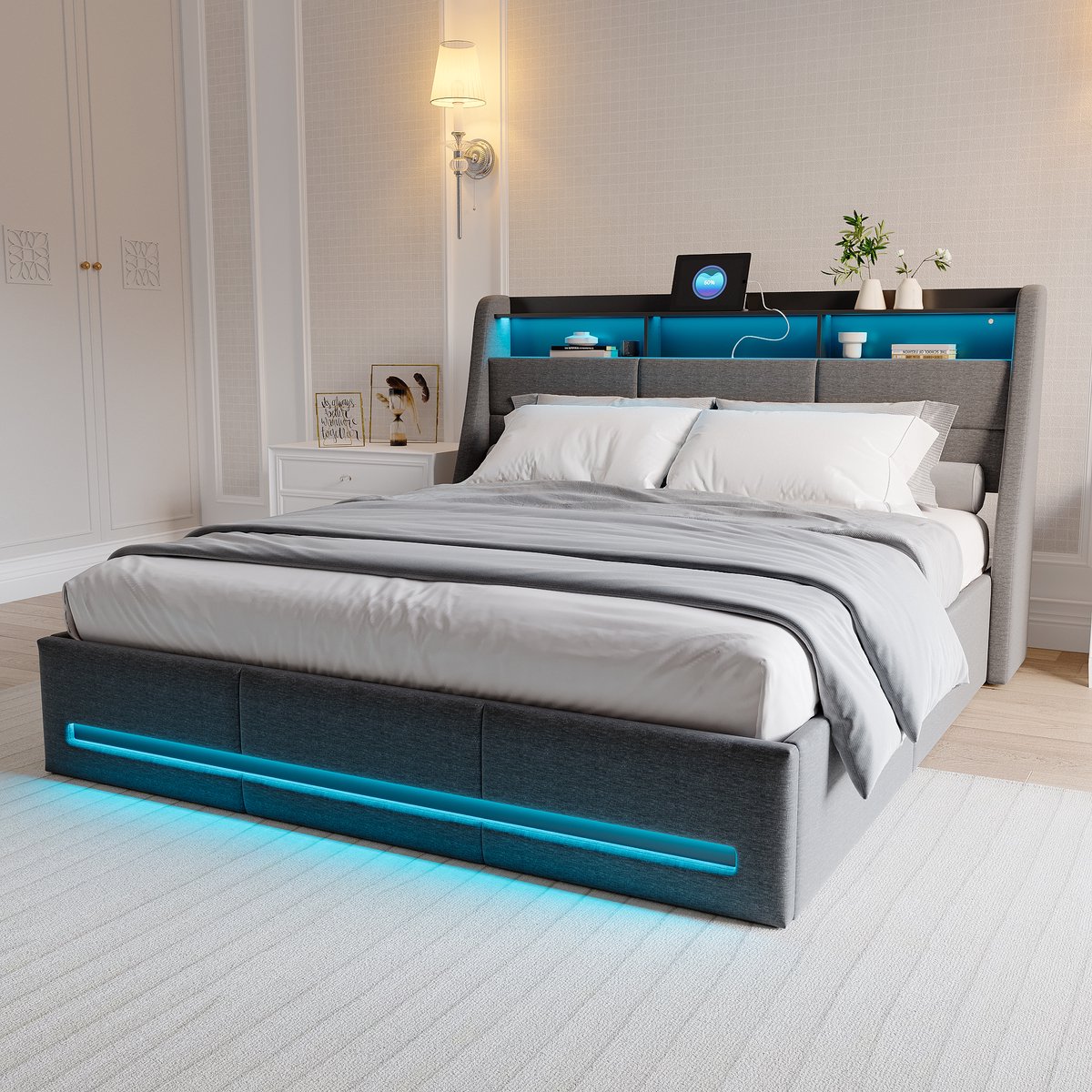 Opbergbed 160x200 cm – Gepolsterd Bed met Hoofdboezem Rangement, LED-Verlichting en USB-Poorten, Volwassenenbed in Grijs Lin – Hydraulisch Stauraumbed