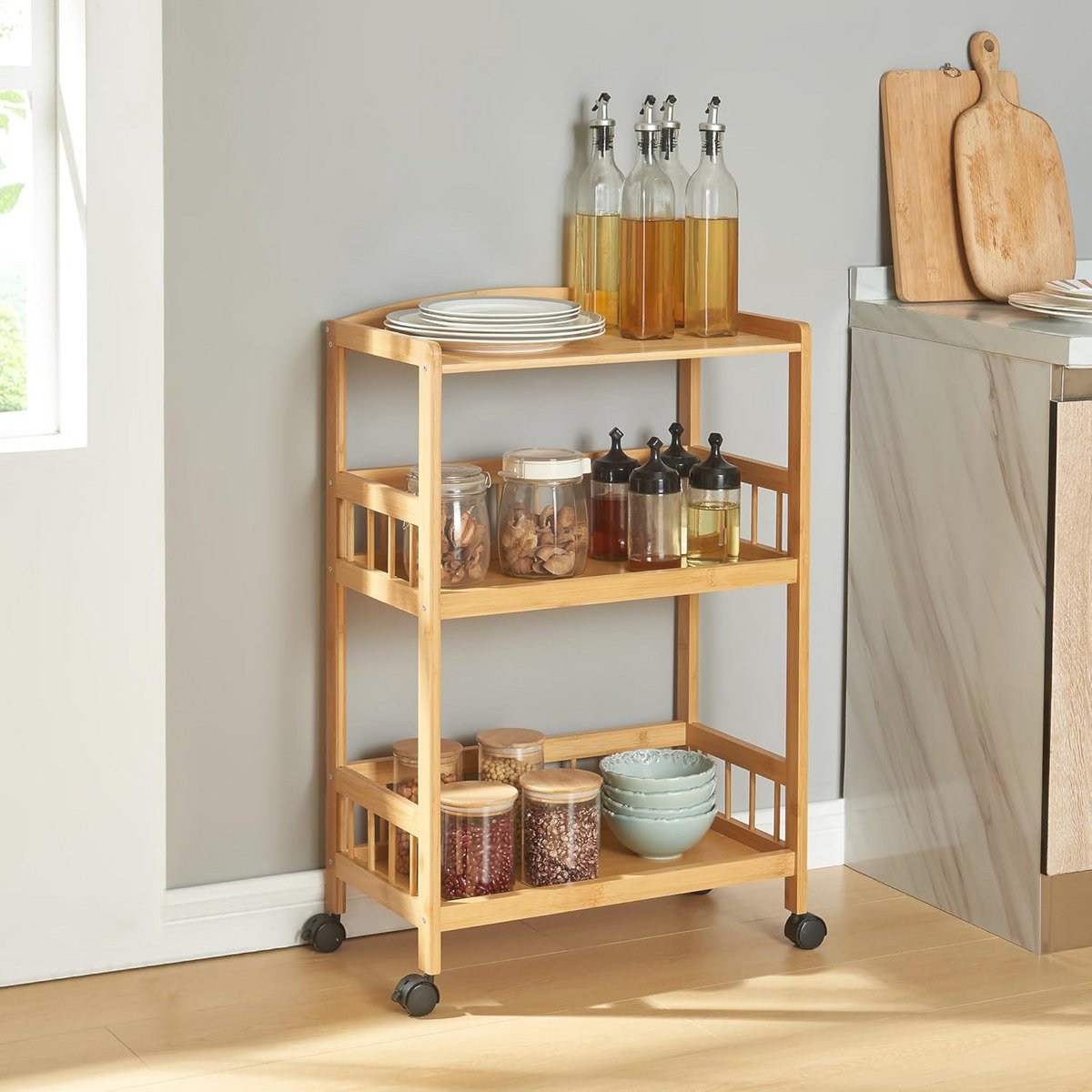 Keukentrolley Serveertrolley met 3 Planken - Bamboe Opbergmeubel met Wielen 80x53x30 cm