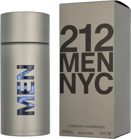 Zilverkleurige parfumfles en doos met '212 MEN NYC' in grote zwarte letters. Fles heeft blauwe 'MEN' details.