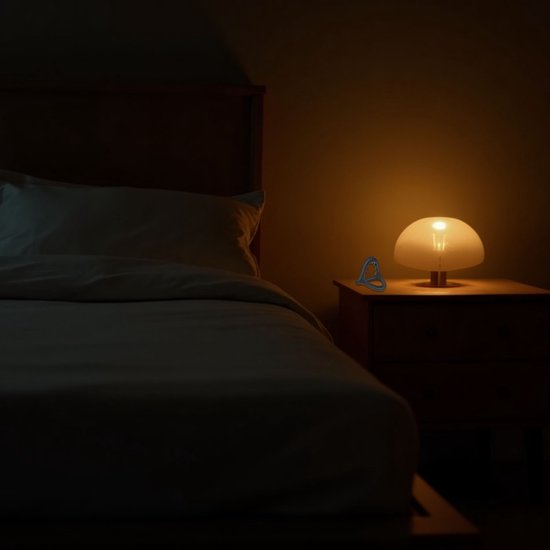 Zwarte siliconen cockring op een nachtkastje naast een bed, gedimd licht.