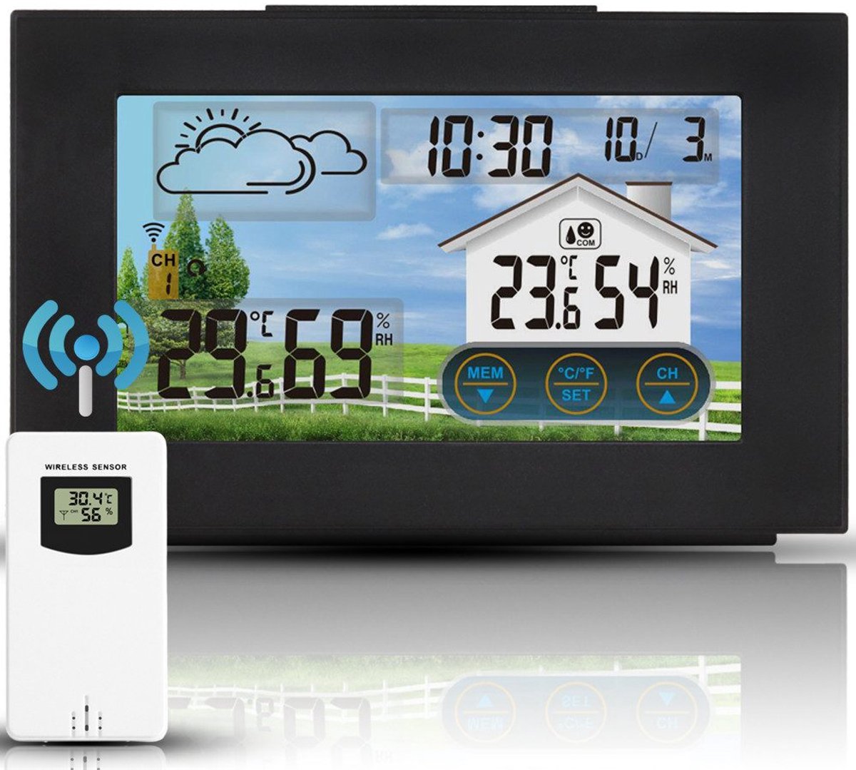 IBETTERTEC - Weerstation-Weerstation Draadloos met Buitensensor-Weerstation met Weersvoorspelling-Binnen- en Buitentemperatuur-Luchtvochtigheid-Kleuren Display-Wekker met Snooze-Functie-Thuis-Kantoor-Tuin