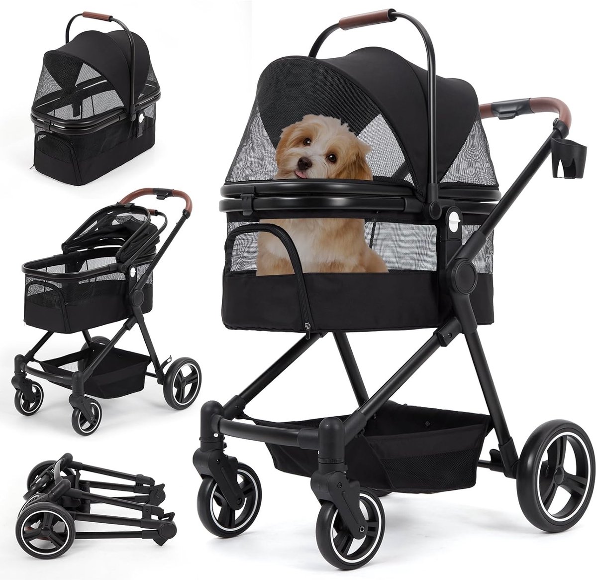 Inkapbare 3‑in‑1 hondenbuggy voor kleine honden en katten tot 15 kg – honden - en kattenwagen met veiligheidsriemen, schokdemping, voetrem, gaasramen en ruime opbergruimte