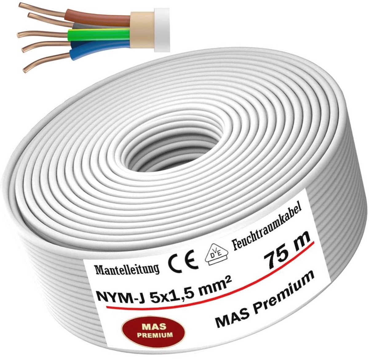 Vochtige Ruimtes Stroomkabel NYM-J 5x1,5, 2,5, 4, 6, 10, 16 - Voor Vaste Installatie - Lengtes van 5 tot 170 meter