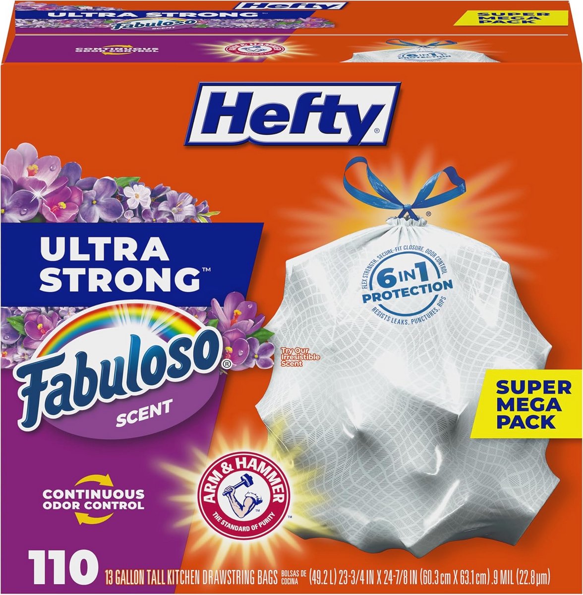 Hefty Ultra Sterke Tall Keuken Prullenbak, Fabuloso Geur, 13 Gallon, 110 Count