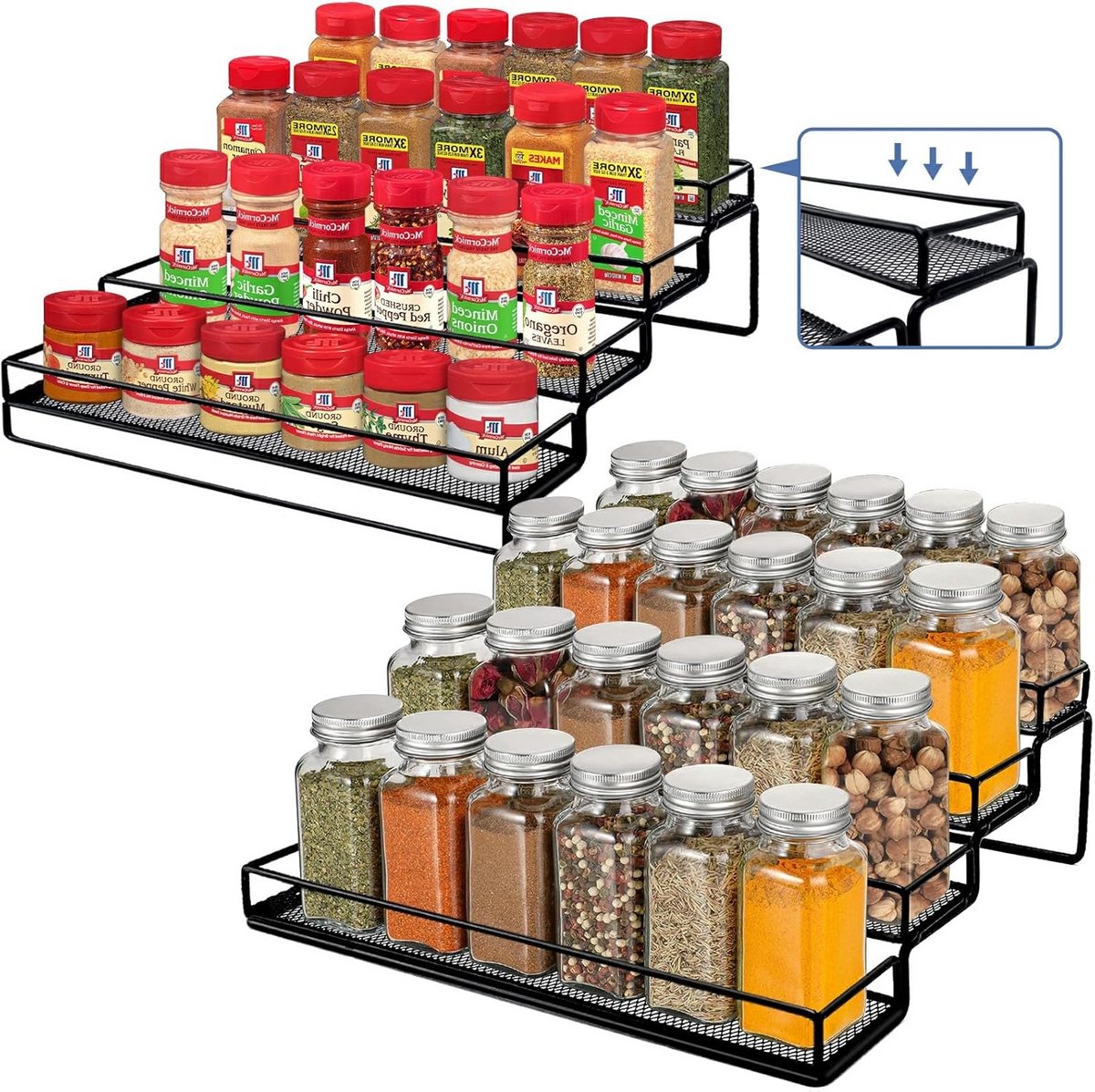 Kruidenrek Organizer voor Kast - 4-Laags en Uitbreidbaar - Metaal Zwart - 2 Stuks