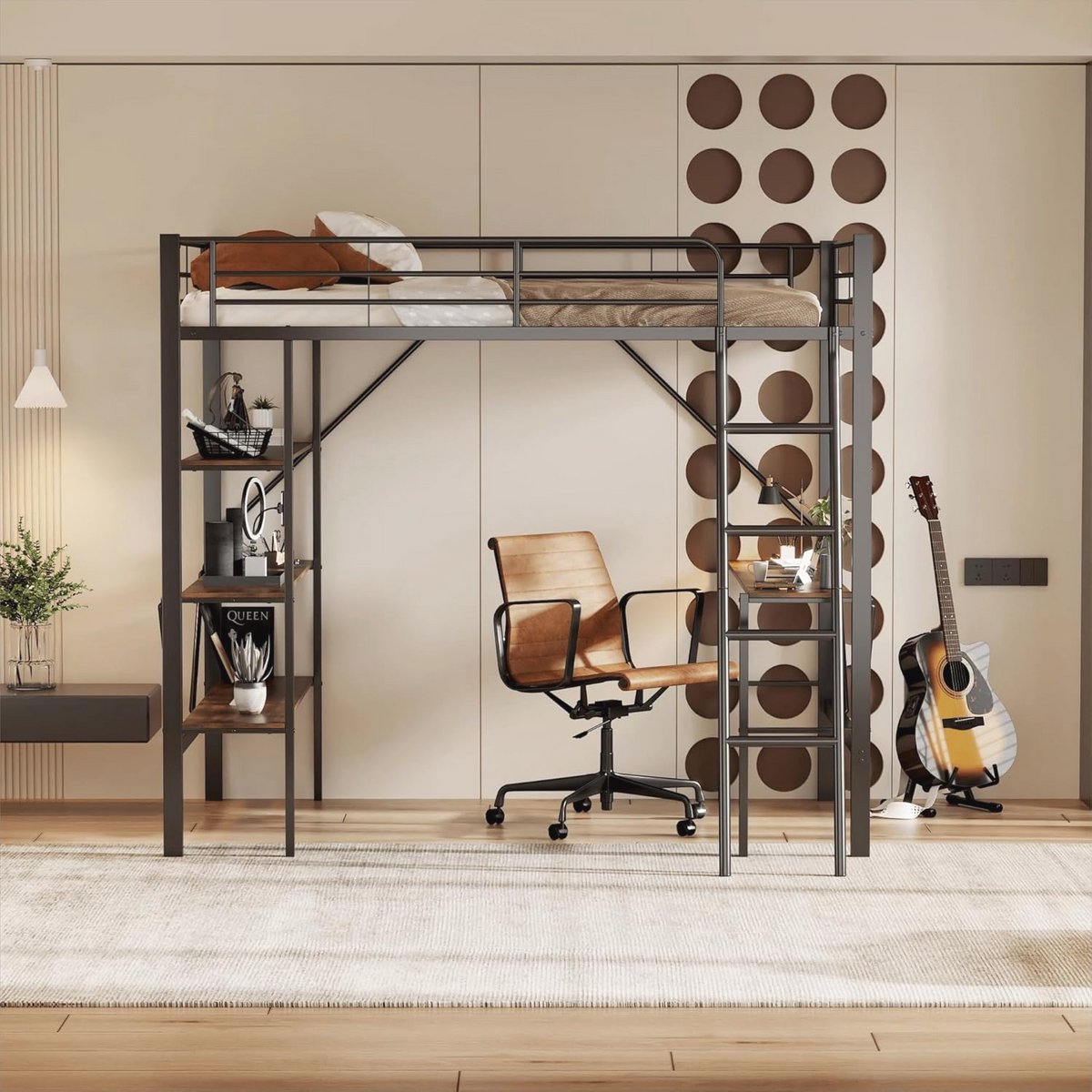 Stapelbed 90 x 200 cm met bureau en opbergvakken voor kinderen en jongeren