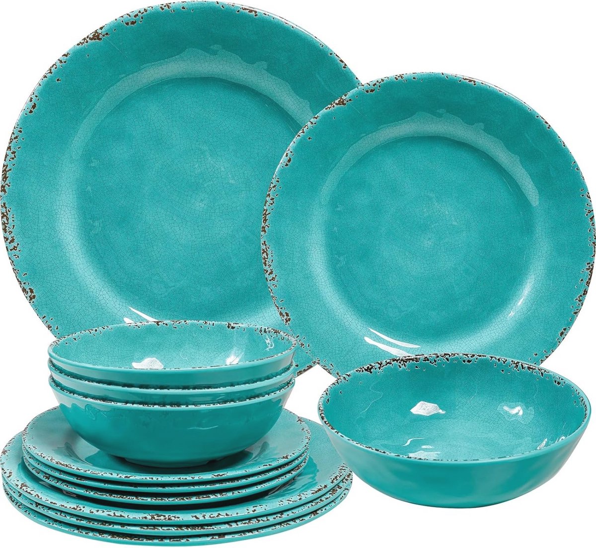 Vintage Melamine Borden en Kom Set - 12-delige BPA vrije Servies Set, Vaatwasserbestendig, Teal Kleur