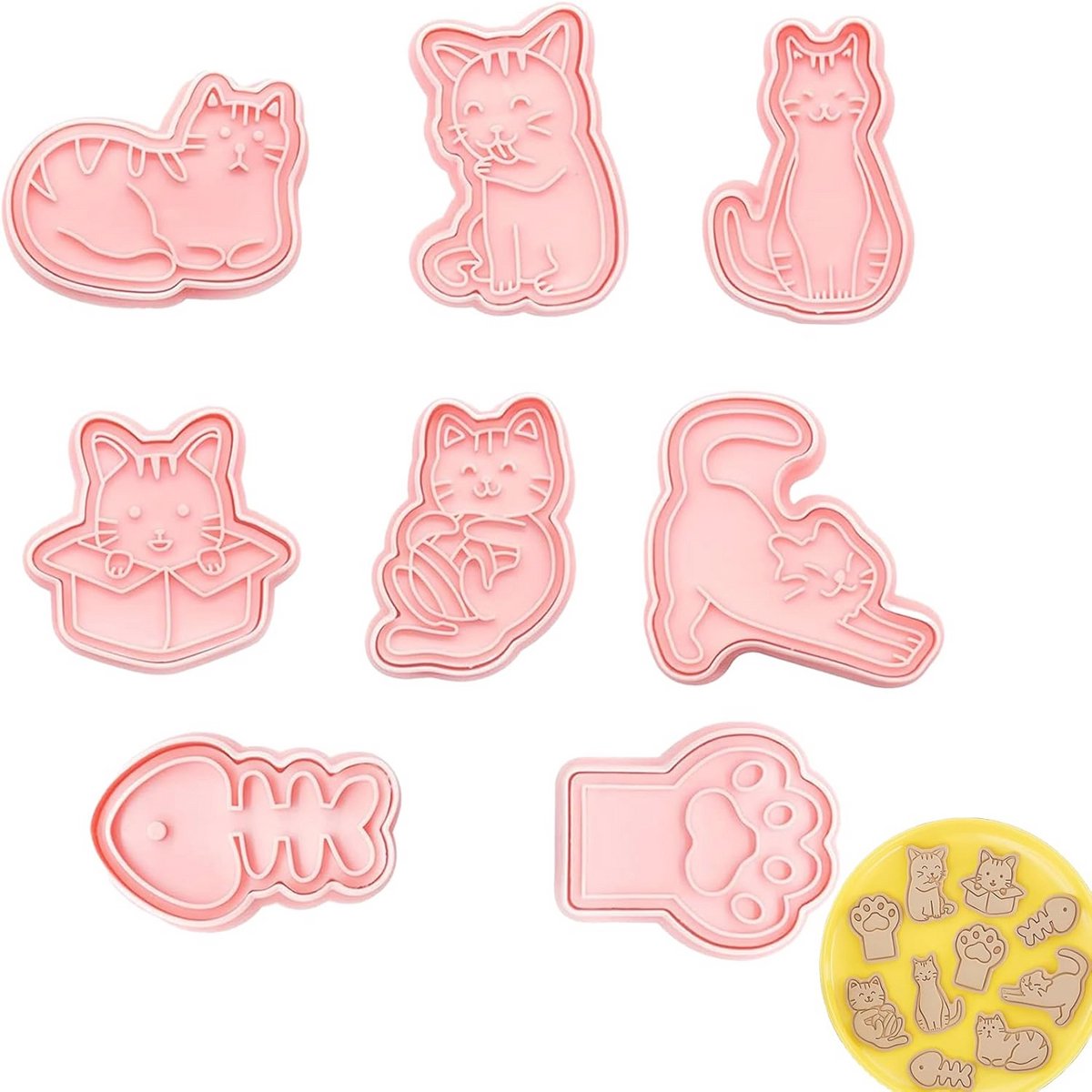 Koekjessnijders Voor Kinderen - 3D Uitsteekvormpjes in Kattenvorm - 8 Stuks