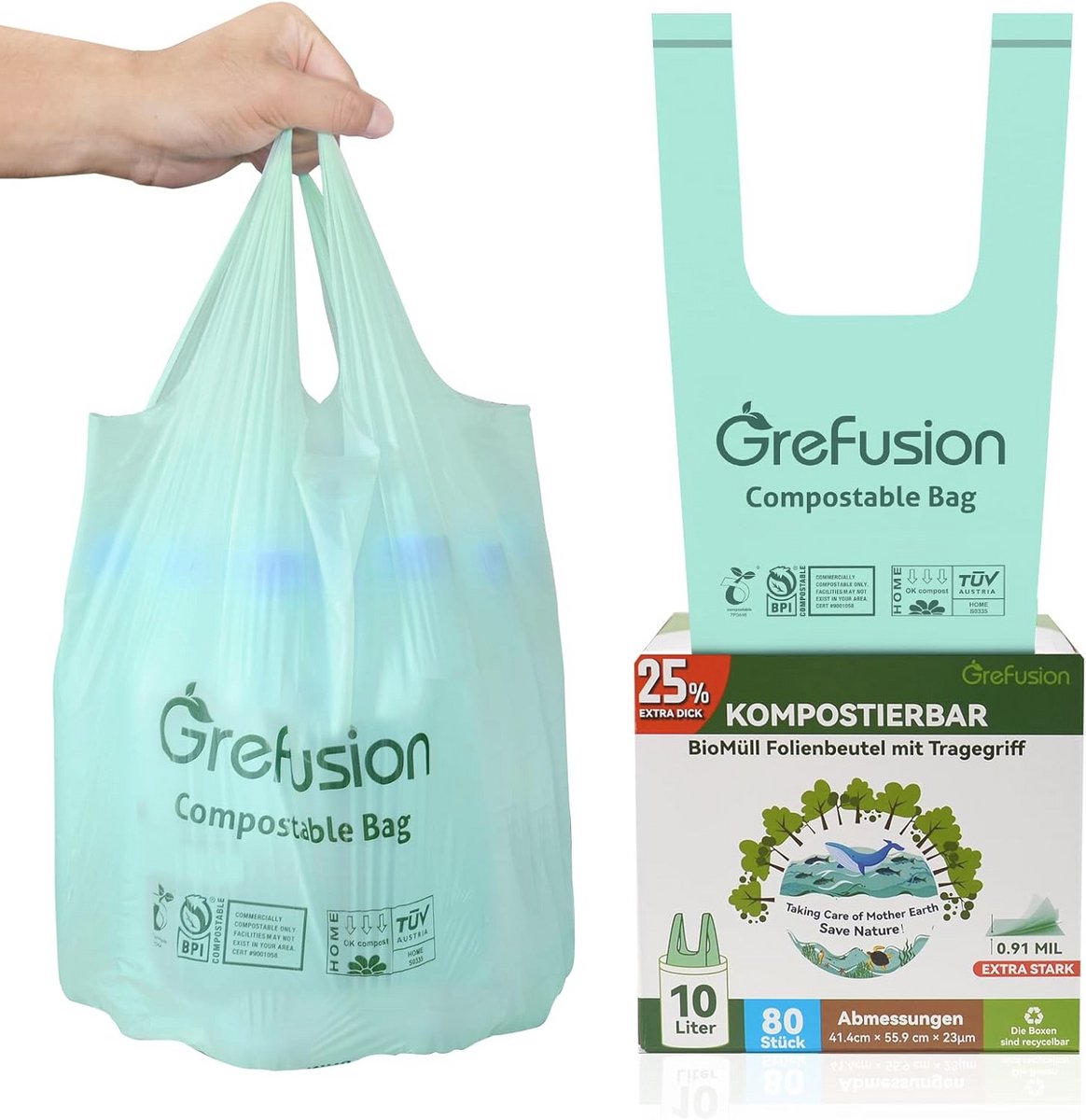 Extra Sterke Vuilniszakken met Handvat - 10 Liter - 80 Stuks - Composteerbaar