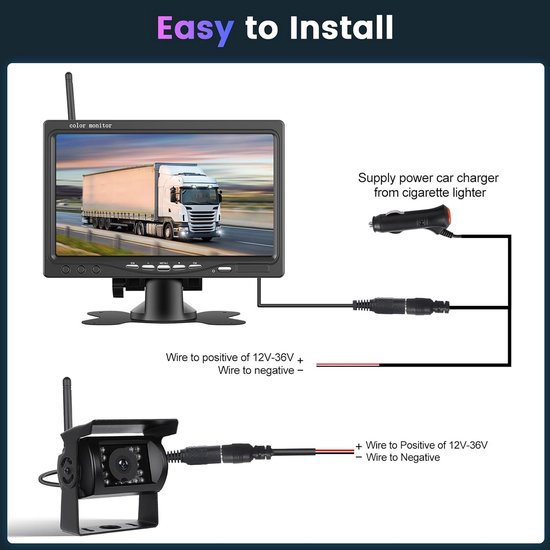 Draadloze Achteruitrijcamera met 7-inch HD Monitor - IP68 Waterdicht voor Auto, Vrachtwagen en SUV — afbeelding 5