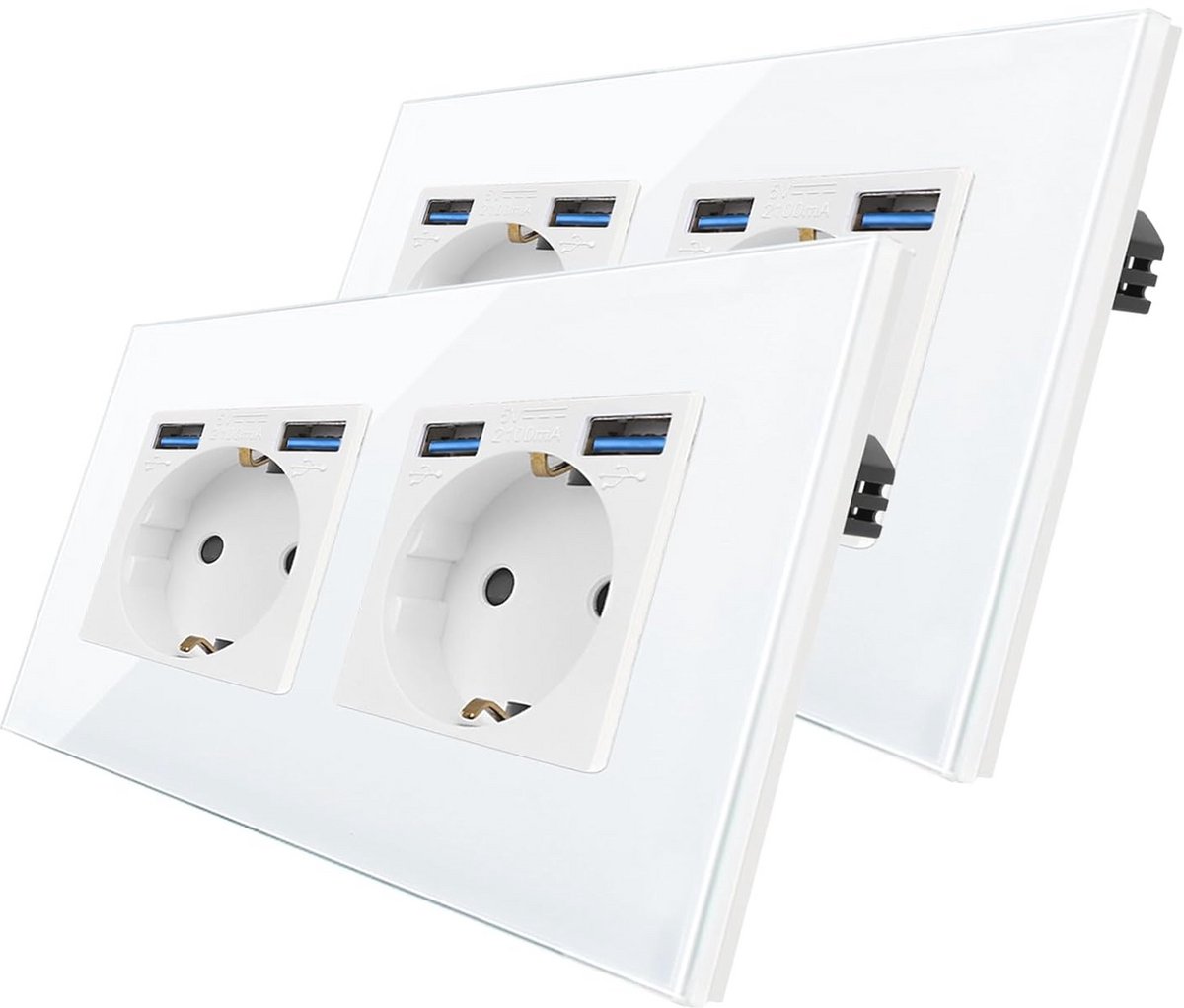 Glazen Schuko-contactdoos met USB-poorten en dubbel inbouwstopcontact - 2 stuks