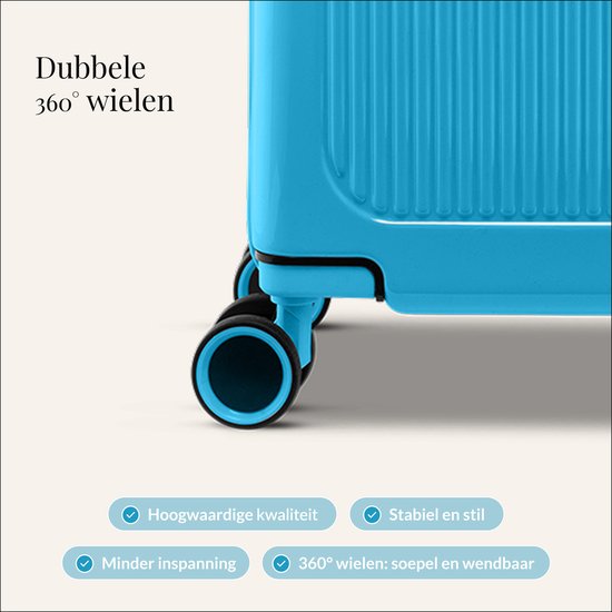 Gedetailleerde weergave van de dubbele, 360 graden draaibare wielen van de blauwe koffer.