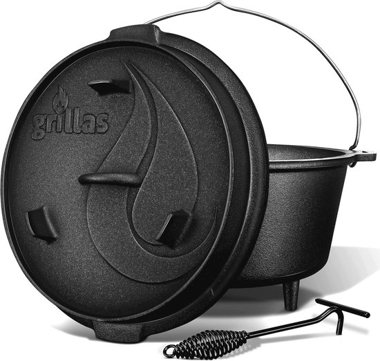 GUSSKÖNIG Dutch Oven Set 8-delig - Reeds Ingebrand Gietijzeren Pannenset Braadpan Grillpan Deksellifter Onderzetter Echt Leer Greepbescherming Incl Dutch Oven Receptenboek