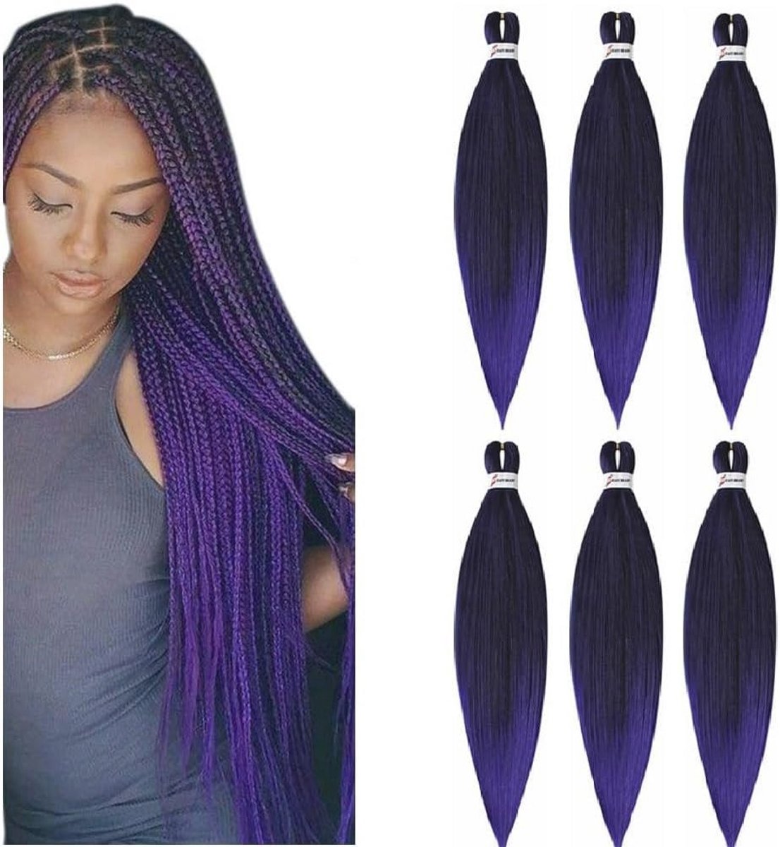 Ombre Paarse Vlecht Extensions voor Vlechten - 66 cm, 6 Verpakkingen