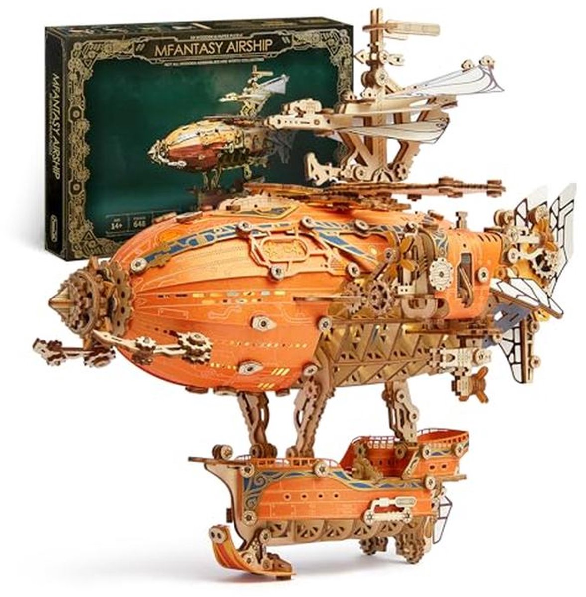 FUNPOLA LED 3D Houten Puzzel Fantasy Luchtschip Model - Steampunk DIY Knutselkit met LED Lichten – Gedetailleerd Houten Luchtschip Bouwset voor Tieners en Volwassenen