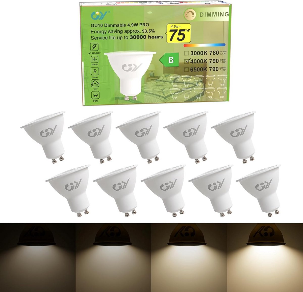 Dimbare GU10 Ledlamp 4,9W - 790 Lumen - 4000K Neutraal Wit - Vervangt 75W - 10 Stuks