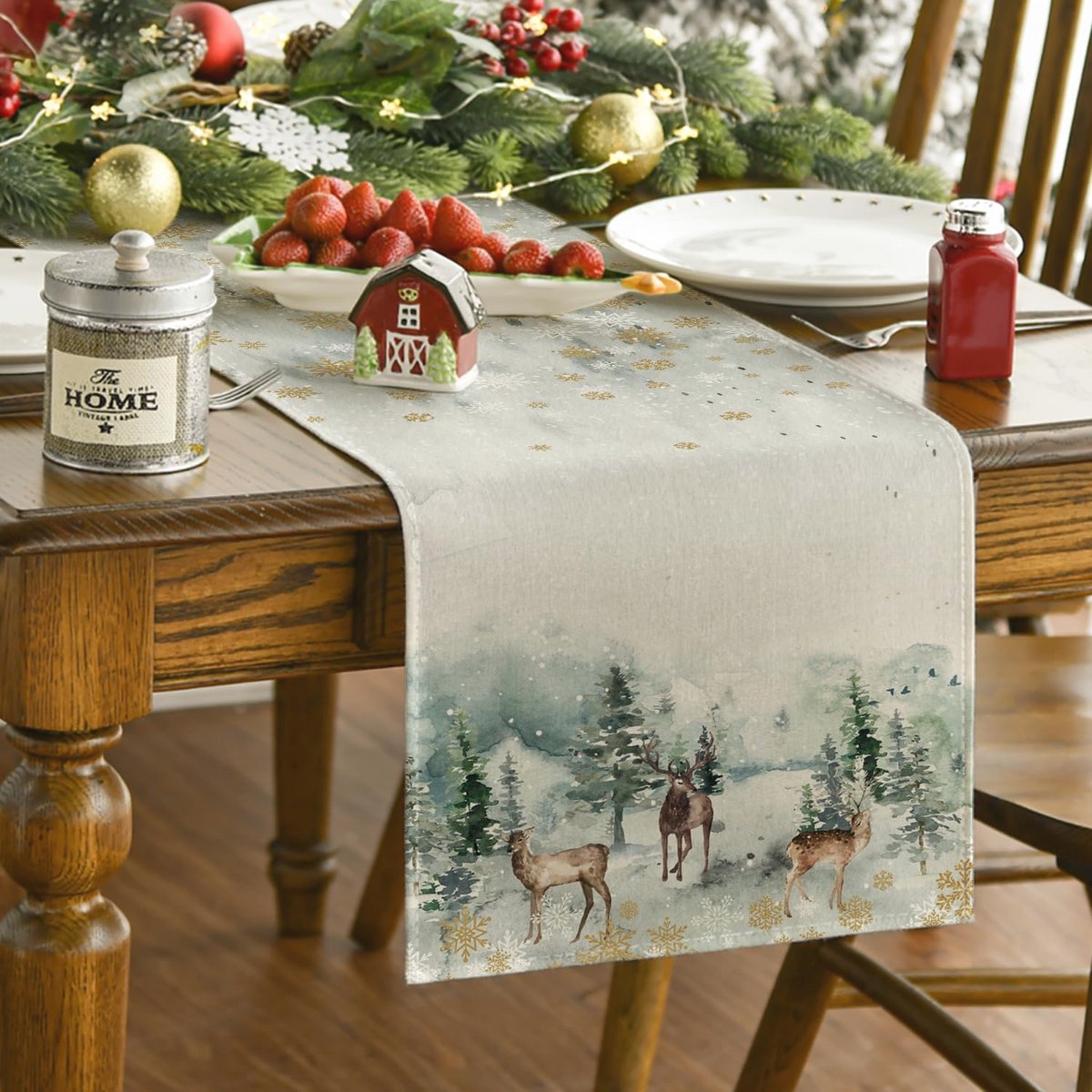 Tafelloper Aquarel Rendier en Bomen voor Kerstmis – 40 x 240 cm