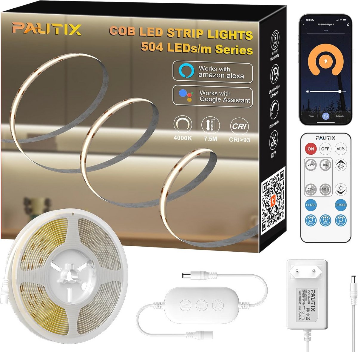 Dimbare 7,5 m COB LED Strip - 4000 K - Flexibele Verlichting met Afstandsbediening en App Controle
