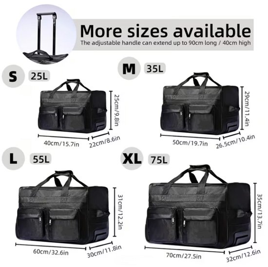 Uitbreidbare Duffel Tas met Wielen - Grote Capaciteit, 360° Spinnerwielen & Voorzak – S (25L)