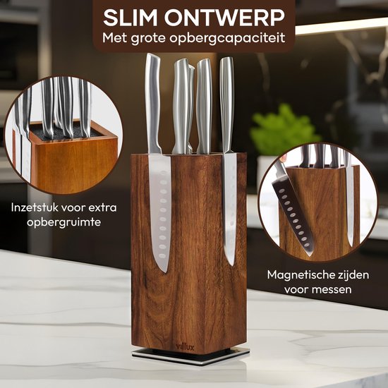 Houten messenblok met slim ontwerp, grote opbergcapaciteit, inzetstuk voor extra ruimte en magnetische zijkanten voor messen.