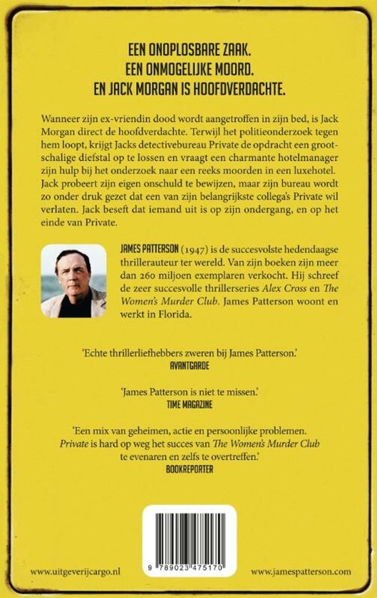 Achterkant boek. Titel: "EEN ONOPLOSBARE ZAAK. EN JACK MORGAN IS HOOFDOPDRACHTE.". Foto van James Patterson.