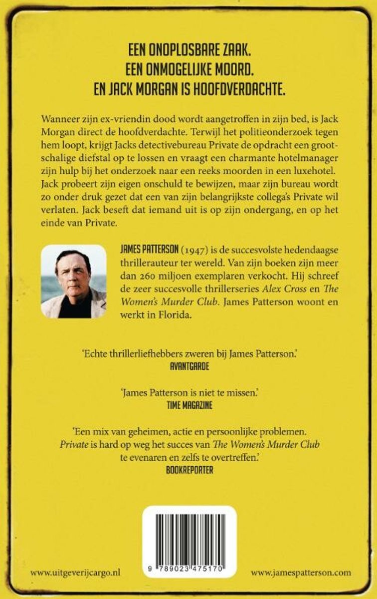 Achterkant boek. Titel: "EEN ONOPLOSBARE ZAAK. EN JACK MORGAN IS HOOFDOPDRACHTE.". Foto van James Patterson.