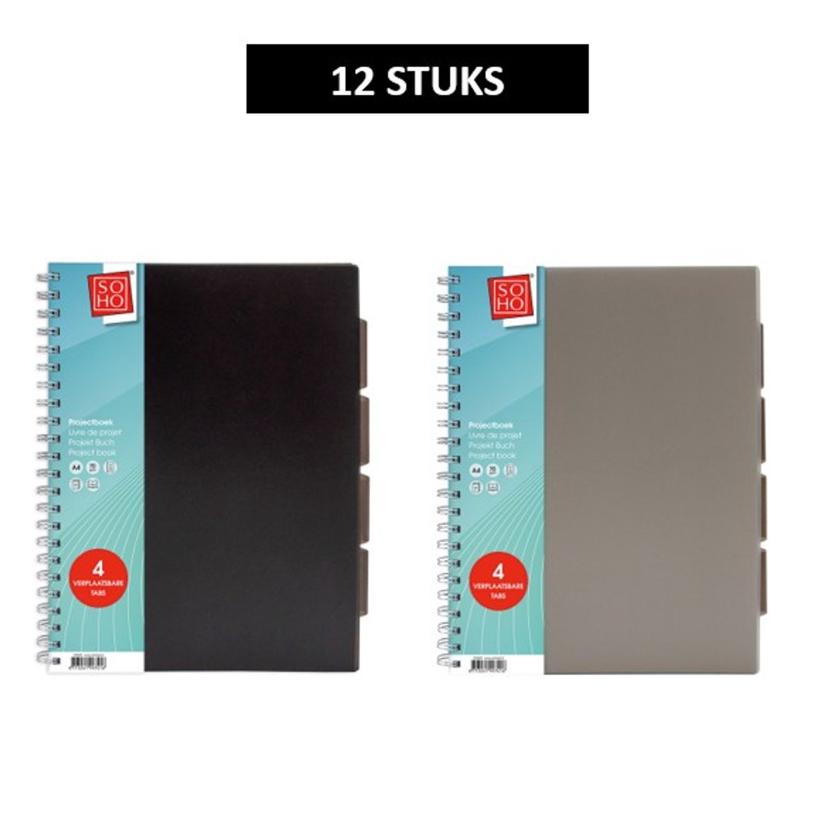 SOHO Projectboek – Collegeblok – Lijntjespapier – 4 verplaatsbare tabs – 23 rings – 120 vellen – A4 – Zwart/Grijs - 12 Stuks
