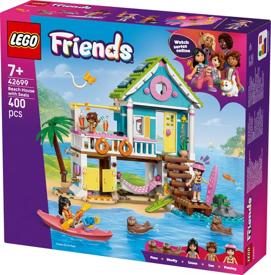 Doos LEGO Friends strandhuis met zeehonden, minipoppen, kajak en zeehonden.