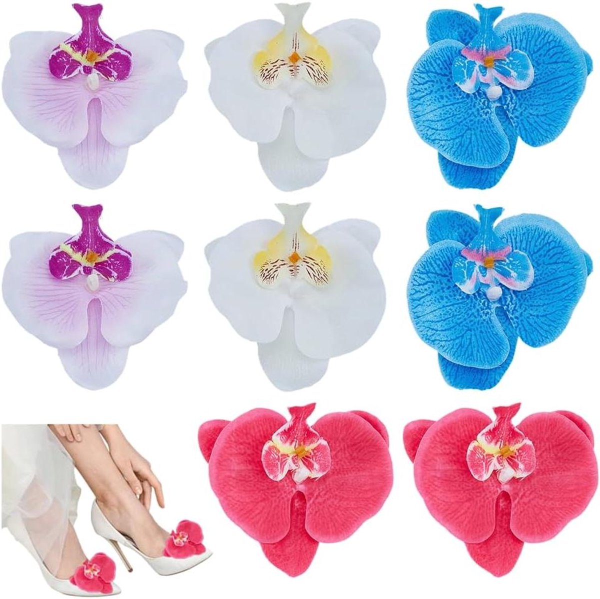 Cosensi Schoenklemmen in vlinder orchidee vorm, set van 8 stuks met kunstbloem van Phalaenopsis. Decoratieve accessoires in 4 stijlen. Any