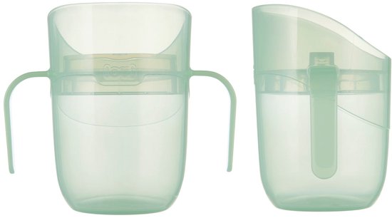 Lichtgroene oefenbeker met twee handvatten, naast een zijaanzicht.