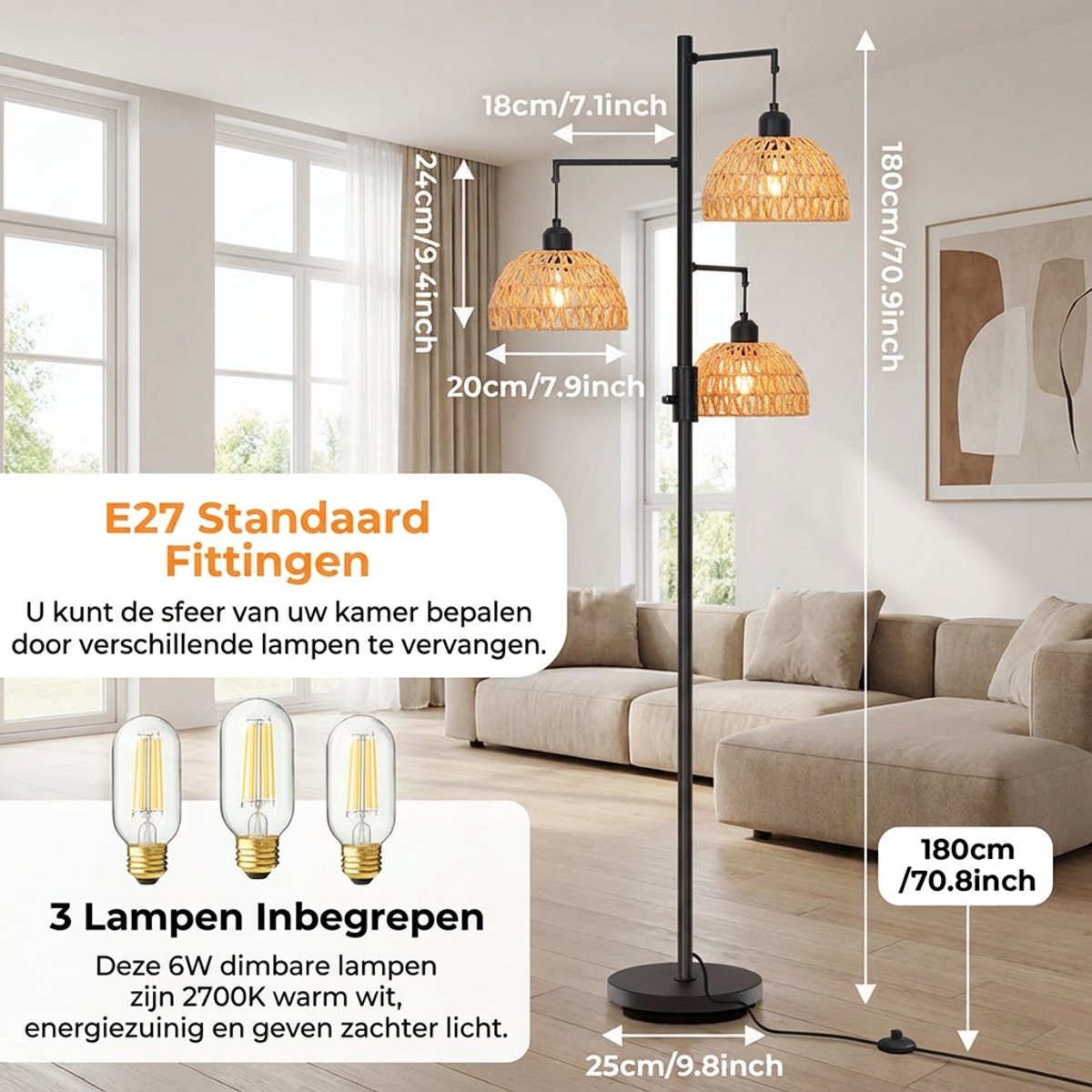 HOMCOM Staande lamp, vloerlamp, 40 W staande lamp met E27 fitting