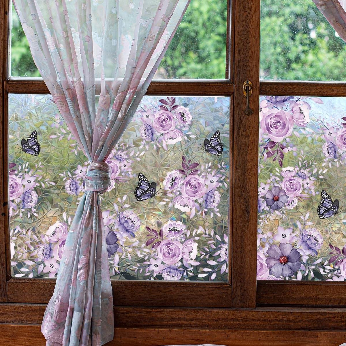 Cosensi Raamfolie privacyfolie regenboog paarse bloemen klampt zich vast boho 3D decoratief vinyl vlinder pioen stickers niet-klevend 40 x 101,6 cm. Roze