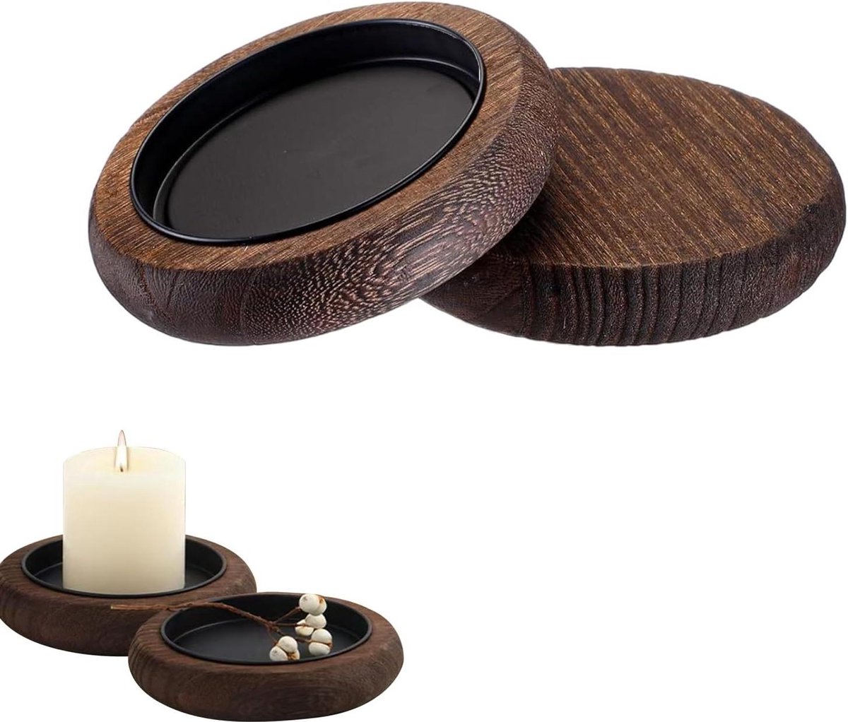 Cosensi - Decoratieset van 2 donkerbruine massief houten kandelaars met geïntegreerde wasgoot (11 cm rond dienblad) voor theelichtjes en stompkaarsen