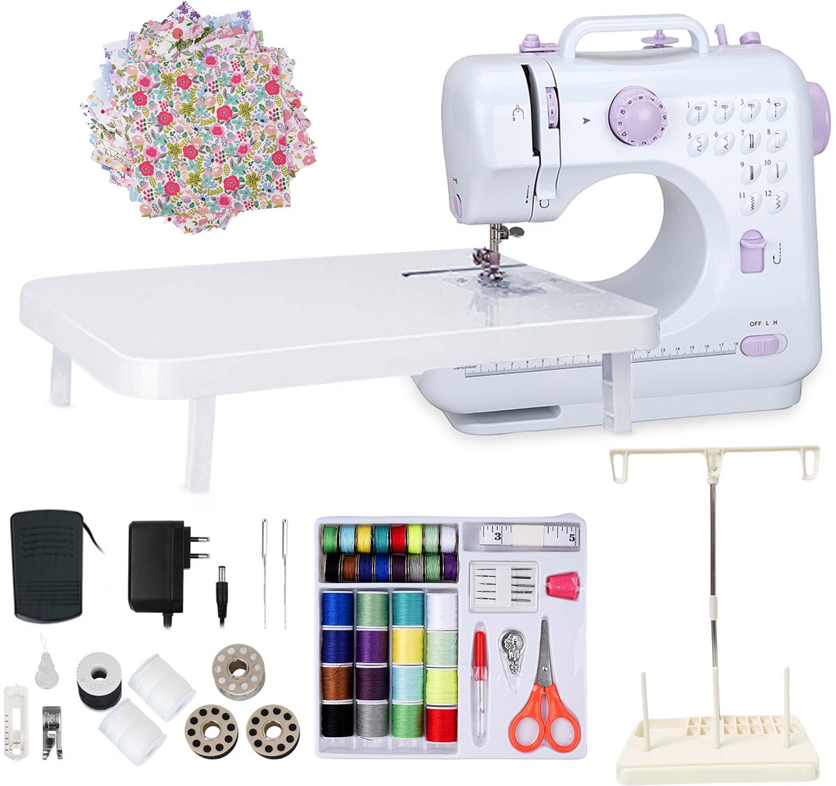 Creatorally 505A Mini Elektrische Naaimachine - 12 steektypen - met 42-delige naaipakket + 25 stuks patchwork + garenhouder - Naaiset - Sewing Machine Beginners Set - Electronische naaimachine - Paars