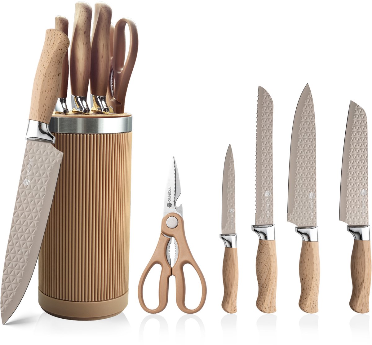 OMNIEXA DuneWood Messenblok Crème / Zandkleur - 6-Delig - RVS Messenset met Lichte Houtlook - Incl. Santokumes & Schaar - Non-Stick Diamant Coating - Luxe Keukenmessen