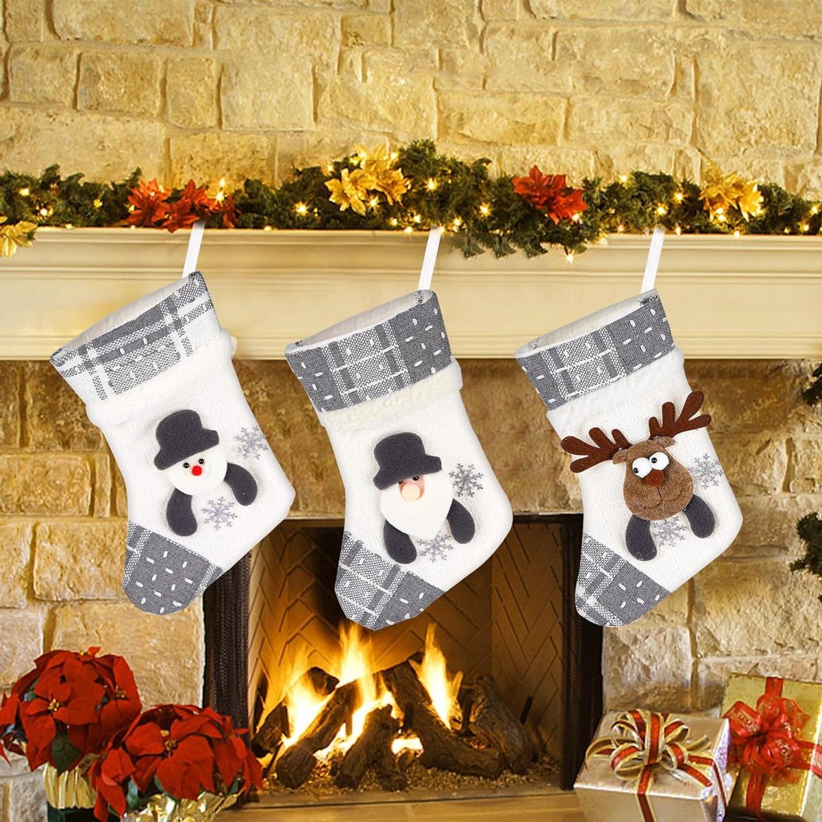 Cosensi - Kerstkousen Set voor Kerstboom Decoratie met Rendier, Kerstman en Cadeauzak - Hangende Kerstsokken voor Open Haard - Leuke Laarzen om te Vullen