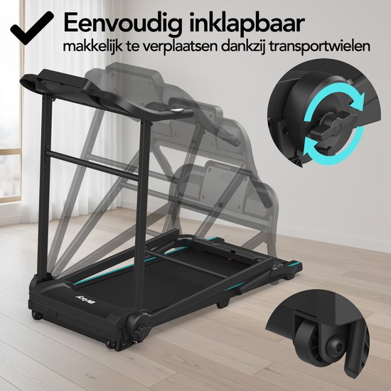 Gefaseerde afbeelding van een inklapbare loopband, die het vouwmechanisme demonstreert.