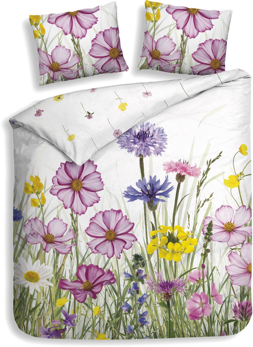 Heckettlane Dekbedovertrek Campo - Bedlinnen met Bloemen print - 240x200-220 cm - Lits-Jumeaux - Wit - Dekbedovertrek van 100% Katoen-Satijn White