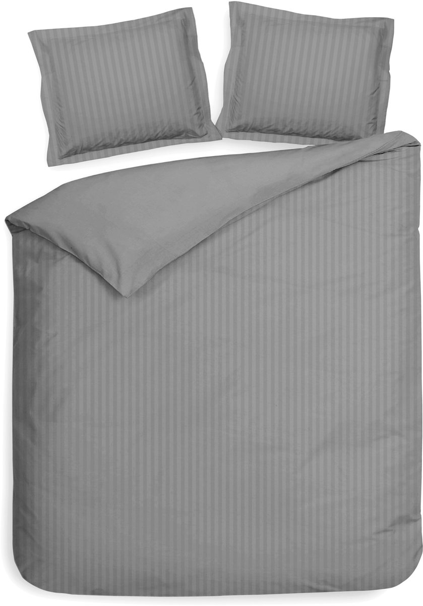Heckettlane Dekbedovertrek Banda - Bedlinnen met Strepen - 200x200-220 cm - Tweepersoons - Grijs - Dekbedovertrek van 100% Katoen-Satijn