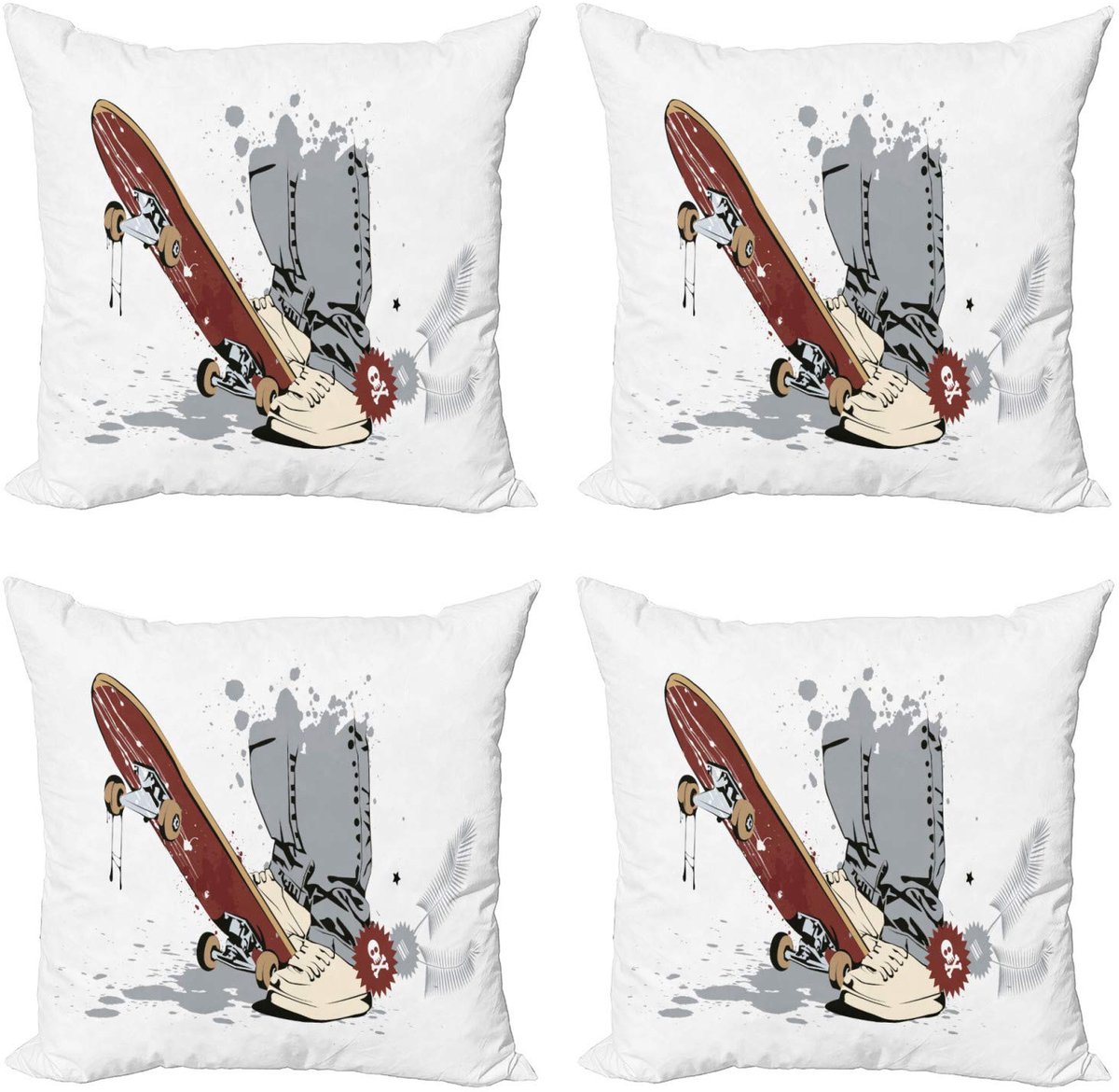 ABAKUHAUS Kussenhoezen Set 4x40x40 cm – Skate & Sneakers – Dubbelzijdig Digitaal Drukwerk – Bruin-Creme Bruin Crème